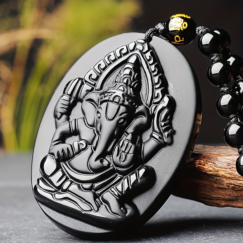 Men's & Women's Black Obsidian Ganesh Pendant Necklace